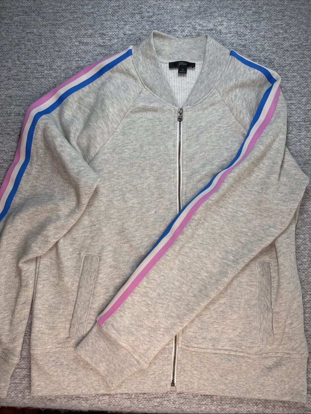 J Crew Neutral Heather Zip-Up Track Jacket with Blue & Pink Stripe Size M